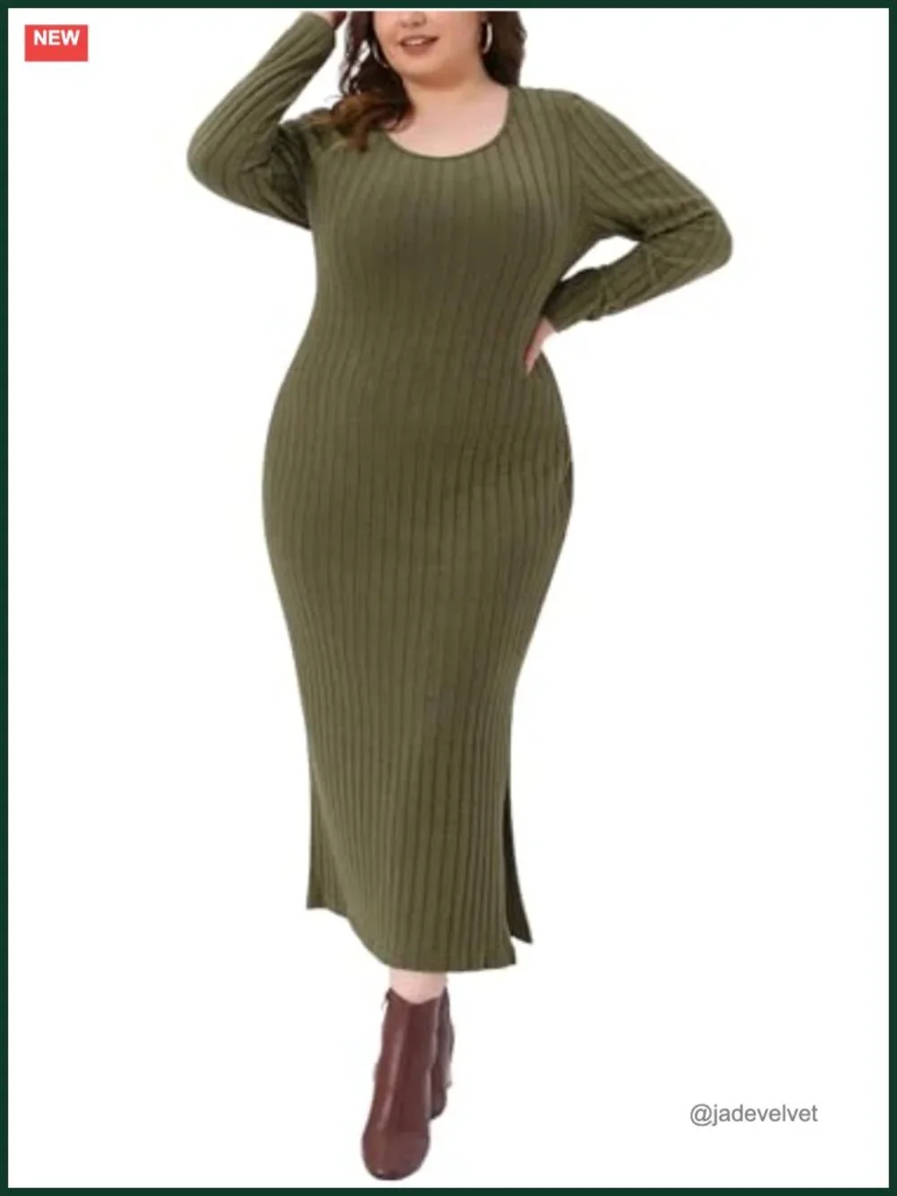 Plus Size Ribbed Knit Bodycon Midi Dress Side Slit Long Sleeve Crew Neck Casual